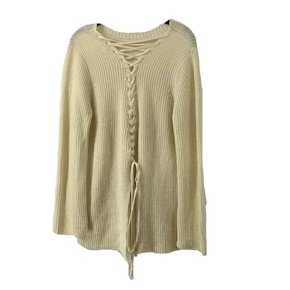 Cream Lace Up Back Sweater Split Back Tunic Medium